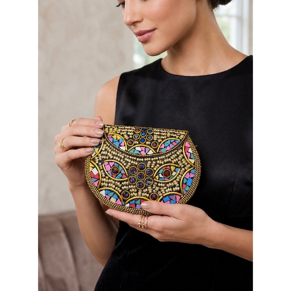 RAMLA Rio Handmade Mosaic Gold Crossbody Clutch Bag NWOT